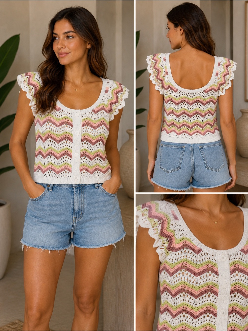 Blu Pepper Crochet Chevron Button-Front Tank Top in White, Pink & Green